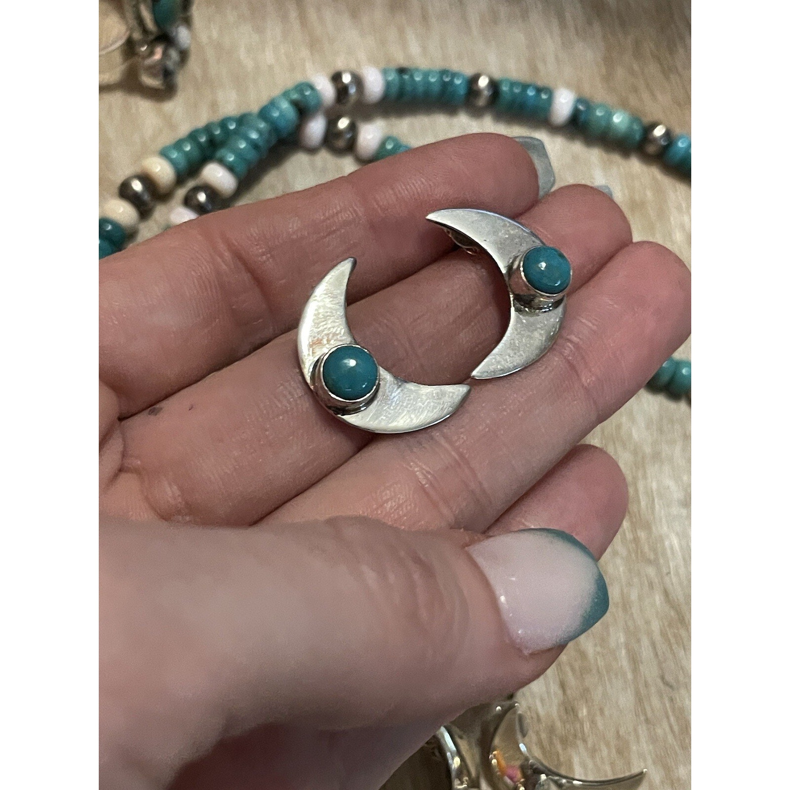 Native American Sw Sterling Silver Turquoise Crescent Moon Post Stud Earrings 65$
